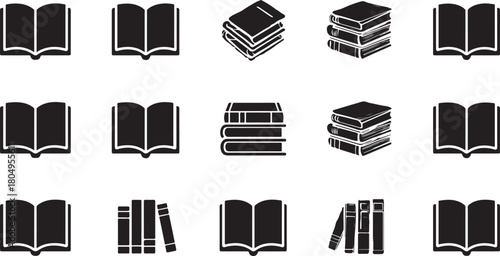 Stacked and Open Books in Black Silhouette on a White Background Keywords: book, books, open book, stack of books, reading, literature, education, knowledge, learning, library, study, information