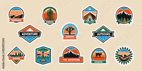 Collection of retro style outdoor adventure and travel badges and stickers with nature scenes
