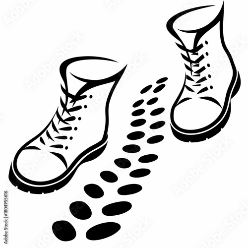 Two boots with shoelaces and footprints isolated on