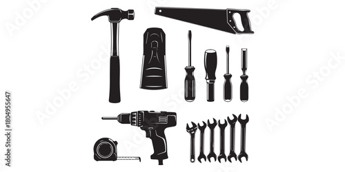 Collection of black and white carpentry tools isolated on white background in a vector format., Black silhouette of various hand tools arranged on a white background for construction work