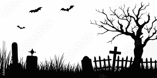Spooky halloween graveyard silhouette with bats flying around a bare tree and tombstones