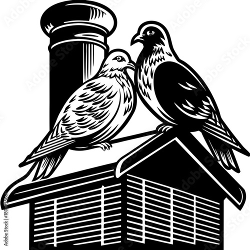 Two doves perched atop a dovecote isolated on