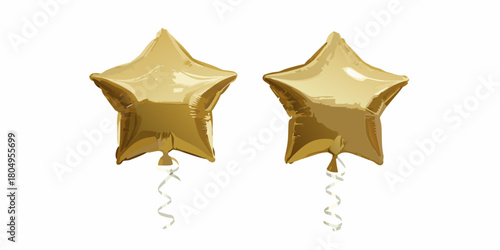 Two shiny golden star shaped balloons with white ribbons floating against a white background