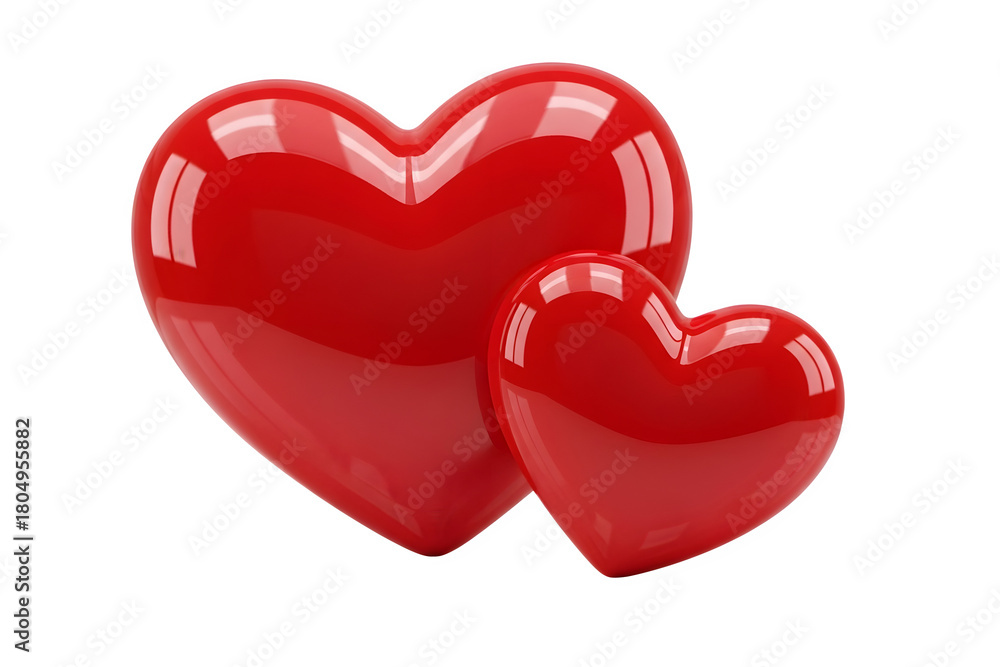 Fototapeta premium Two shiny red hearts, symbolizing love and romance isolated on transparent background