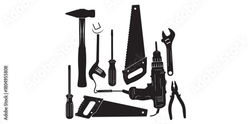 Collection of black and white carpentry tools isolated on white background in a vector format., Black silhouette of various hand tools arranged on a white background for construction work
