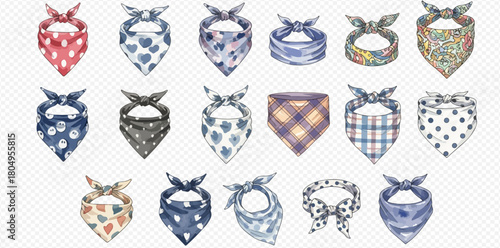 A collection of various patterned bandanas and neckerchiefs, tied in knots, showcasing diverse designs and colors suitable for fashion accessories.