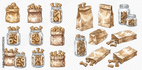 Watercolor illustration of various dog treats in paper bags and glass jars, including bone-shaped and ring-shaped biscuits, some spilling out.