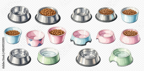 Collection of various pet food and water bowls in different colors and materials.