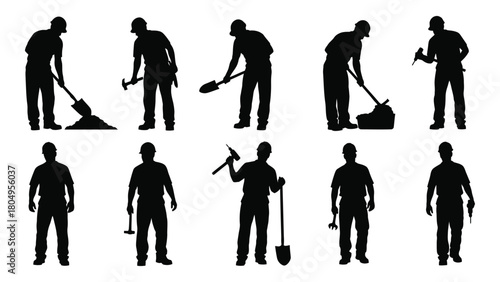 Construction worker silhouettes with tools isolated on white background, Vector