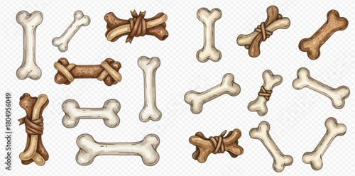 Set of realistic dog bones and rawhide chews on a transparent background.