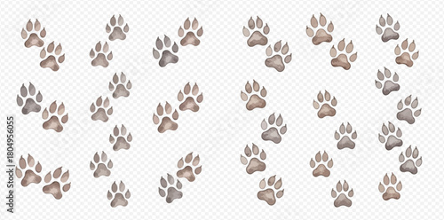 Multiple brown and grey animal paw prints arranged in various patterns on a light checkered background.