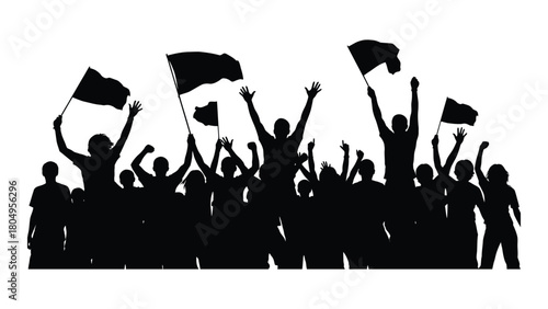 Protesting crowd silhouette with flags isolated on white background, Vector