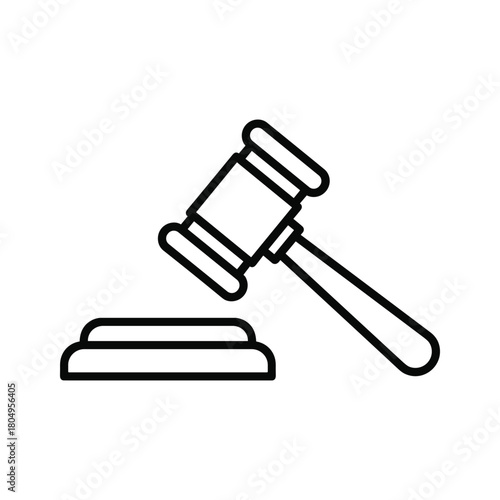 Outline icon of a judge's gavel resting on its sound block, symbolizing law, justice, auctions, judgment, and official decisions.