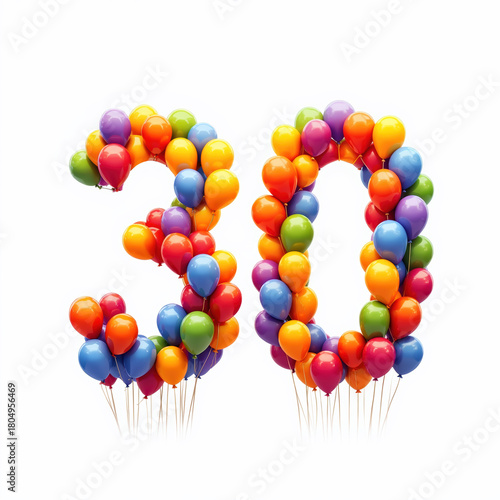 The number 30 is made up of multicolored balloons on sticks against a white background, a birthday illustration.
