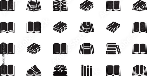 Various Book Icons in Black Silhouette Including Open and Stacked Books Keywords: book, books, open book, stack of books, reading, literature, education, knowledge, learning, library, study
