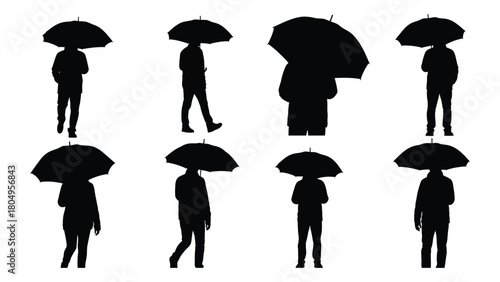 People with umbrellas silhouettes isolated on white background, Vector