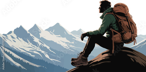 Silhouette Man On Mountain Peak With Backpack In Nature For Outdoor Recreation And Adventure