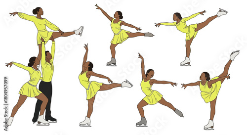 Graceful ice dancers in yellow performing stunning moves, perfect for sports or artistic projects, evokes elegance and skill, ideal for athletic brands