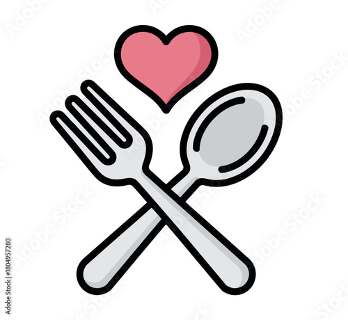 A heart floats above a crossed fork and spoon, symbolizing a love for food and dining experiences.