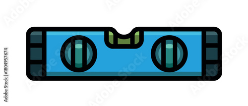 A blue spirit level tool is shown on a white background, indicating a horizontal plane is perfectly aligned.