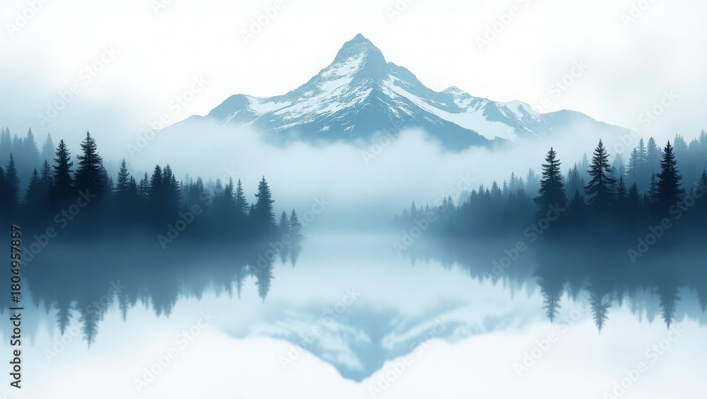 Obraz premium Misty mountain reflection in calm lake surrounded by pine forest