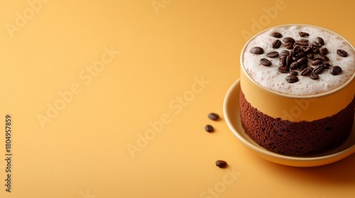 Coffee cup shaped dessert with foam and coffee beans on a warm yellow background