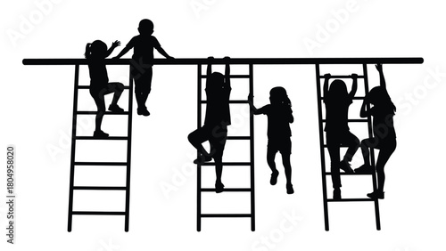 Children playing on climbing frame silhouette isolated on white background, Vector