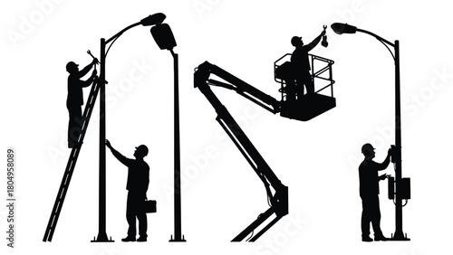 Street light maintenance workers silhouettes isolated on white background, Vector