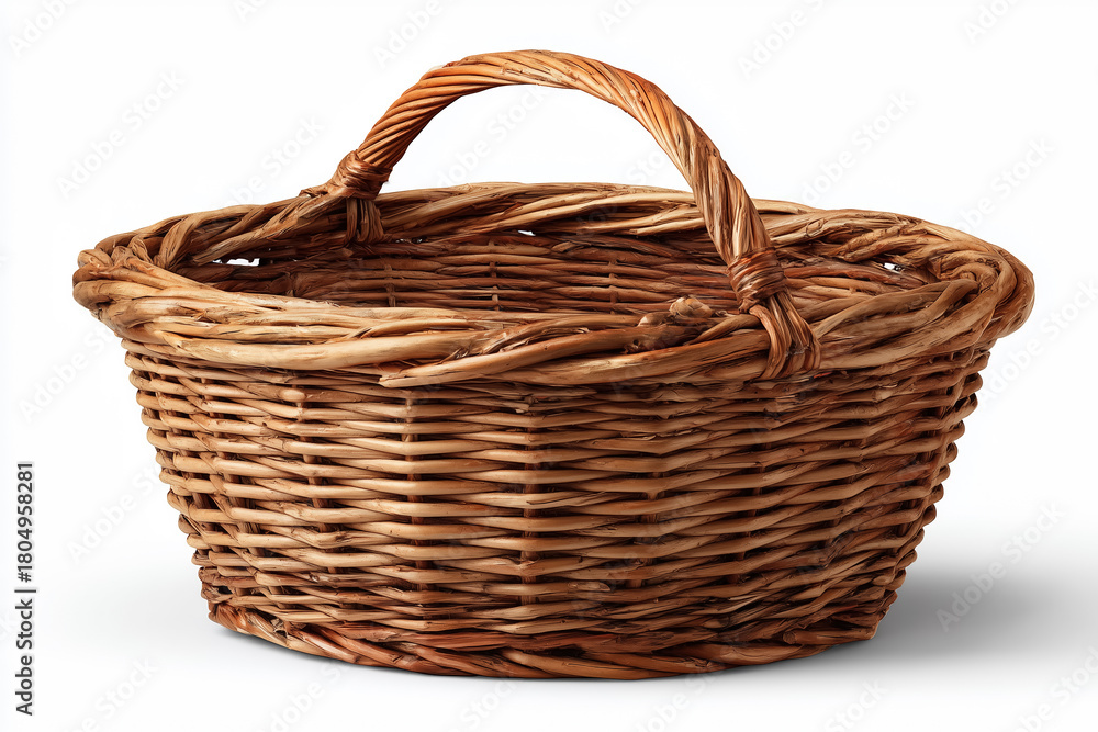 Obraz premium Empty woven basket with handle on white background