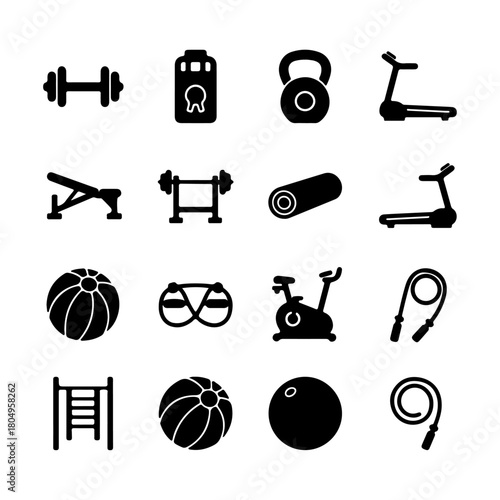 A minimalist vector set of 12 black gym and fitness equipment silhouettes: dumbbells, kettlebell, treadmill, bench, yoga mat, gym ball, bike, and jump rope. Ideal for workout design.
