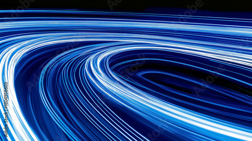 Abstract blue light trails against black background. Dynamic curved motion of glowing blue and white streaks creating futuristic technology concept with speed and energy feel.