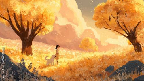 Warm golden meadow scene featuring a child lovingly embracing her dog, celebrating emotional companionship and the spirit of National Love Your Pet Day.
