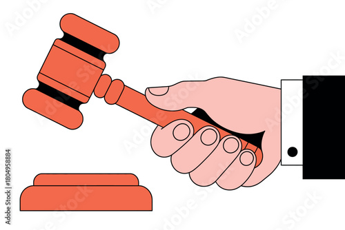 A hand in a suit holds a gavel above a sounding block, symbolizing legal judgment or an auction.