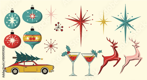 Mid-century modern Christmas vector kit with retro atomic ornaments and vintage starbursts
