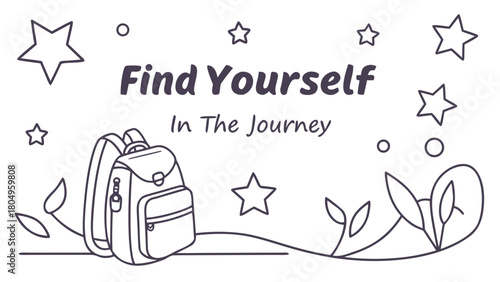 “Solo travel quote: “Find Yourself in the Journey” with backpack and stars, minimalist vector”