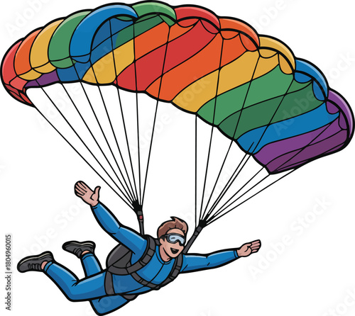 Skydiver with Colorful Parachute Active Person Skydiving Activity Adrenaline Adventure Extreme Sport Fun Recreational Hobby Jump Freefall