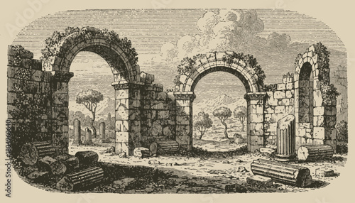 Ancient stone ruins with arches and fallen columns under cloudy sky  