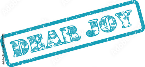 Blue distressed rubber stamp showing the cheerful message DEAR JOY within a rectangular border effect