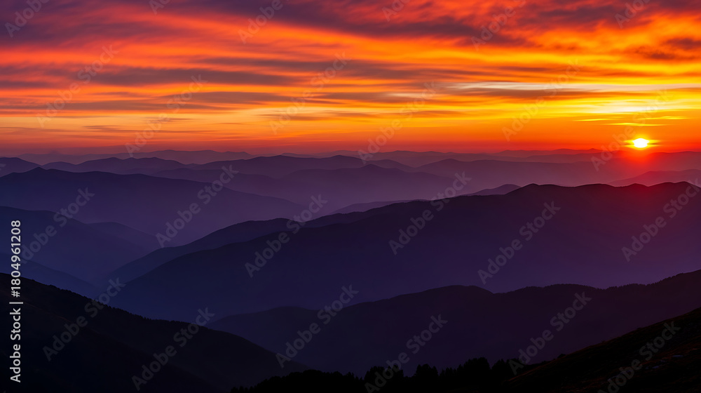 Obraz premium Majestic mountain range at sunset with vibrant orange sky