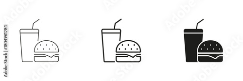 Burger And Drink Line And Solid Icon Set. Fast Food Meal, Quick Service Dining, And Takeaway Beverage Outline And Silhouette Symbol. Restaurant And Cafe Icons. Isolated Vector Illustration