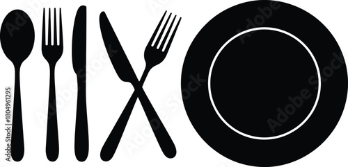 Dining cutlery and plate black silhouette icon on white background