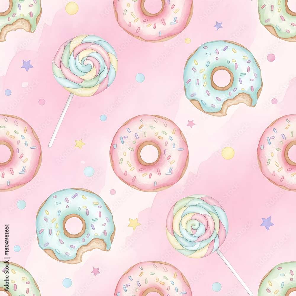 Fototapeta premium Watercolor seamless pattern, pastel donuts and candy lollipops, pink background