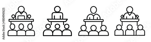 Find public speaking events and conferences speaker podiums with audience vector illustrations