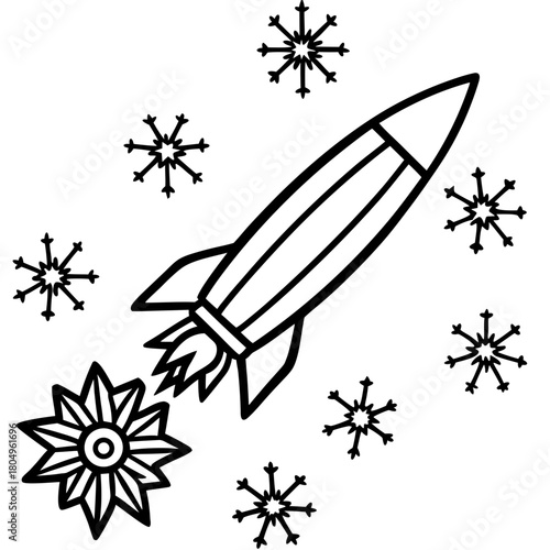 A rocket ship soars through a snowy sky, isolated on