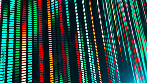 An illustration with many colored glowing lines and square segments going into the distance. The effect of movement from neon light. Suitable for themes related to technology, futurism and club