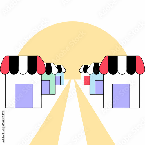 Row of shops receding into the distance isolated on in drawing