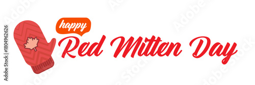 Happy red mitten day wide banner with warm red mittens isolated on white background. Celebrate national Red mittens day 21 November Canadian holiday greeting card