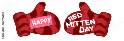 Happy red mitten day wide banner with warm red mittens isolated on white background. Celebrate national Red mittens day 21 November Canadian holiday greeting card