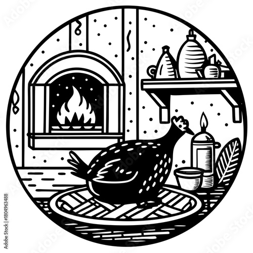 Black and white illustration of a chicken in front of a fireplace indoors