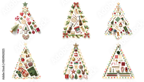 Six christmas trees arranged on a white background each decorated with different themed objects neatly placed
